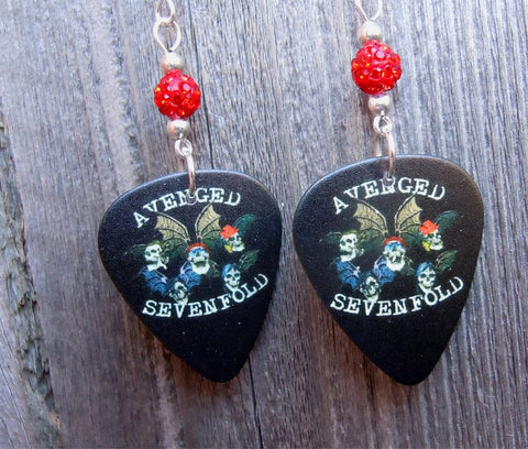 Avenged Sevenfold Guitar Pick Earrings with Red Pave Beads