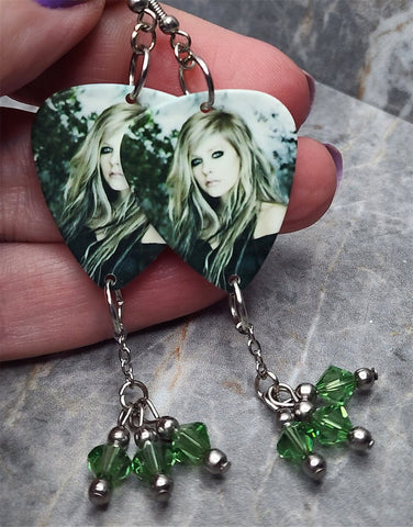 Avril Lavigne Guitar Pick Earrings with Green Swarovski Crystal Dangles