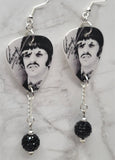 The Beatles Ringo Starr Guitar Pick Earrings with Black Pave Bead Dangles
