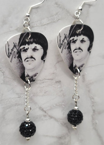 The Beatles Ringo Starr Guitar Pick Earrings with Black Pave Bead Dangles