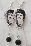 The Beatles Ringo Starr Guitar Pick Earrings with Black Pave Bead Dangles