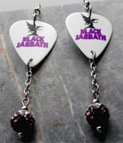 Black Sabbath Master of Reality Guitar Pick Earrings with Purple Ombre Pave Bead Dangles
