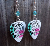 Blink 182 Pink and Teal Smiley Face White Guitar Pick Earrings with Transparent Turquoise Swarovski Crystals