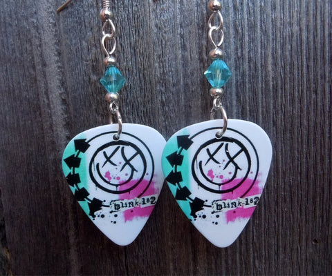 Blink 182 Pink and Teal Smiley Face White Guitar Pick Earrings with Transparent Turquoise Swarovski Crystals