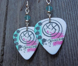 Blink 182 Pink and Teal Smiley Face White Guitar Pick Earrings with Transparent Turquoise Swarovski Crystals