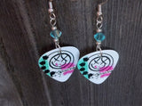 Blink 182 Pink and Teal Smiley Face White Guitar Pick Earrings with Transparent Turquoise Swarovski Crystals