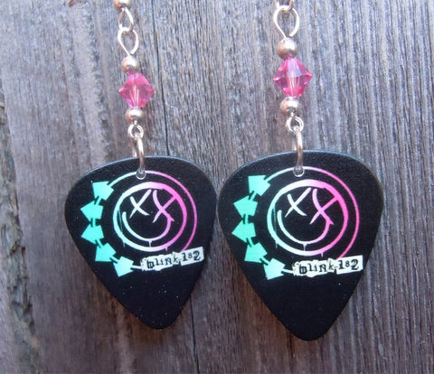 Blink 182 Self Titled Album Black Guitar Pick Earrings with Pink Swarovski Crystals
