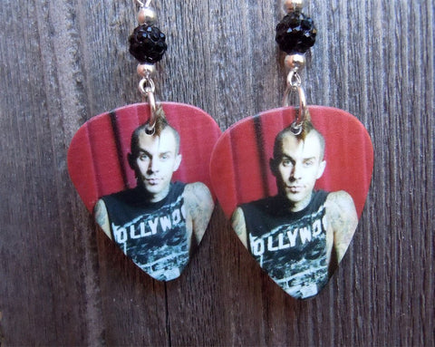 Blink 182 Travis Barker Guitar Pick Earrings with Black Pave Beads