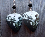 Blink 182 Group Picture Guitar Pick Earrings with Black Swarovski Crystals