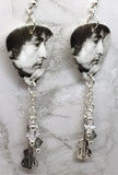 Black and White Profile Picture of Bob Dylan Guitar Pick Earrings with Guitar Charms and Swarovski Crystal Dangles
