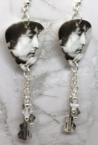 Black and White Profile Picture of Bob Dylan Guitar Pick Earrings with Guitar Charms and Swarovski Crystal Dangles