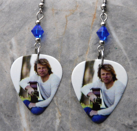 Jon Bon Jovi Guitar Pick Earrings with Blue Swarovski Crystals