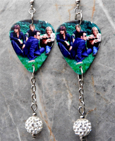 Bon Jovi Guitar Pick Earrings with White Pave Bead Dangles