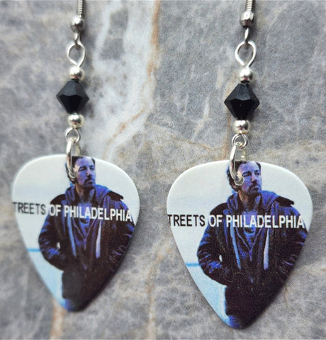 Bruce Springsteen Streets of Philadelphia Guitar Pick Earrings with Black Swarovski Crystals