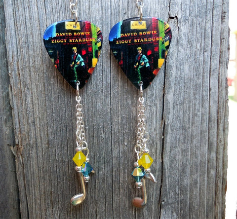 David Bowie Ziggy Stardust Guitar Pick Earrings with Music Note Charm and Swarovski Crystal Dangles