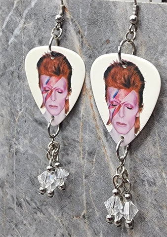 David Bowie Aladdin Sane Guitar Pick Earrings with Clear Swarovski Crystal Dangles