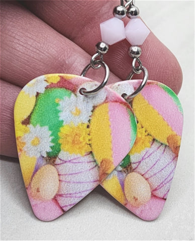 Brightly Colored Easter Eggs Guitar Pick Earrings with Pink Alabaster Swarovski Crystals