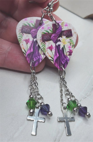 He is Risen Cross and Lillies Guitar Pick Earrings with Swarovski Crystal Dangles