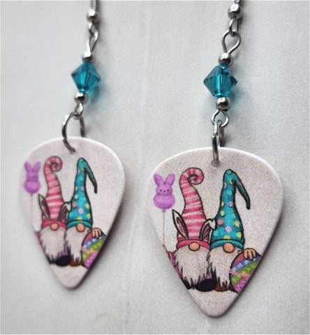 Spring Themed Gnomes Guitar Pick Earrings with Blue Swarovski Crystals
