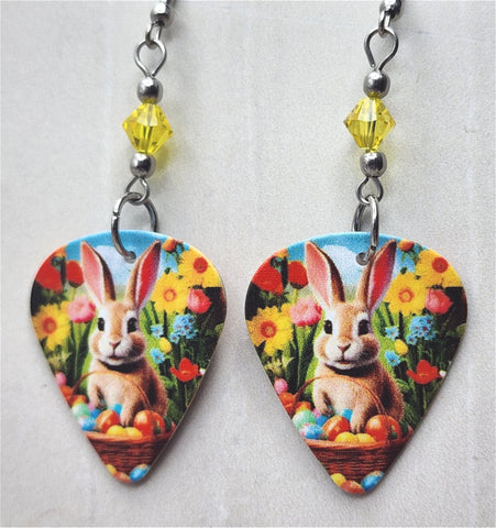 Easter Bunnies, Spring Flowers and Easter Eggs Guitar Pick Earrings with Yellow Swarovski Crystals