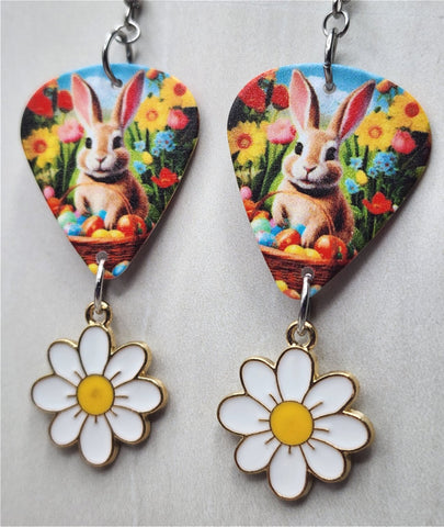 Easter Bunnies, Spring Flowers and Easter Eggs Guitar Pick Earrings with Daisy Charm Dangles