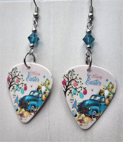 Happy Easter Truck Guitar Pick Earrings with Blue Swarovski Crystals