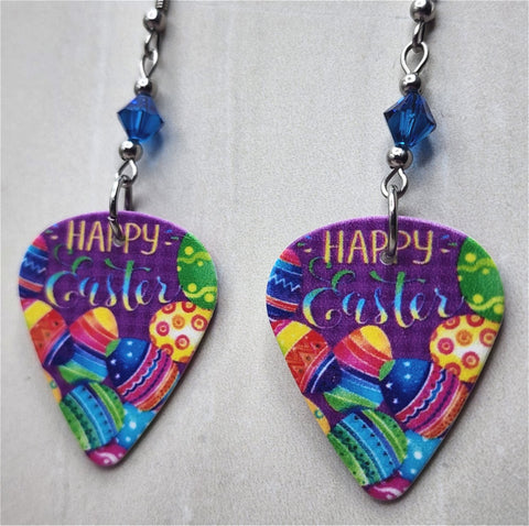 Happy Easter and Easter Eggs Guitar Pick Earrings with Blue Swarovski Crystals