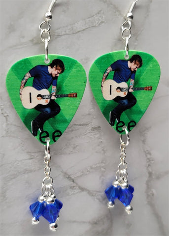 Ed Sheeran Guitar Pick Earrings with Blue Swarovski Crystal Dangles