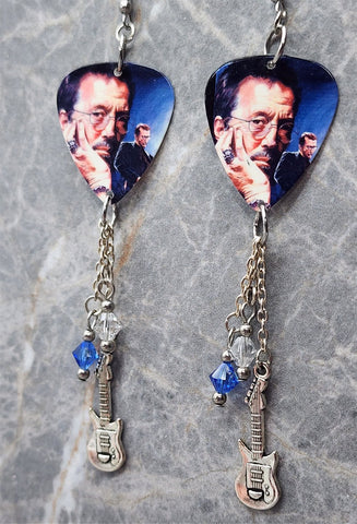 Eric Clapton Guitar Pick Earrings with Charm and Swarovski Crystal Dangles