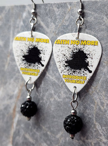 Faith No More Introduce Yourself Guitar Pick Earrings with Black Pave Bead Dangles