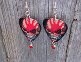Five Finger Death Punch Knucklehead Guitar Pick Earrings with Red Crystal Charm Dangles