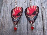 Five Finger Death Punch Knucklehead Guitar Pick Earrings with Red Crystal Charm Dangles