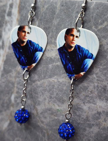 Garth Brooks Guitar Pick Earrings with Blue Pave Bead Dangles