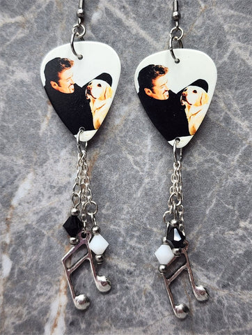 George Michael Guitar Pick Earrings with Charm and Swarovski Crystal Dangles