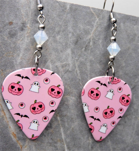 Cute and Spooktacular Pink Guitar Pick Earrings with Opal Swarovski Crystals