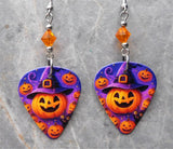 Jack o' Lantern with Witch or Wizard Hat Guitar Pick Earrings with Orange Swarovski Crystals