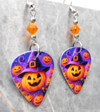 Jack o' Lantern with Witch or Wizard Hat Guitar Pick Earrings with Orange Swarovski Crystals