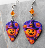 Jack o' Lantern with Witch or Wizard Hat Guitar Pick Earrings with Orange Swarovski Crystals