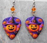 Jack o' Lantern with Witch or Wizard Hat Guitar Pick Earrings with Orange Swarovski Crystals