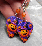Jack o' Lantern with Witch or Wizard Hat Guitar Pick Earrings with Orange Swarovski Crystals