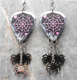 Spiderweb Guitar Pick Earrings with Stainless Steel Spider Charm Dangles