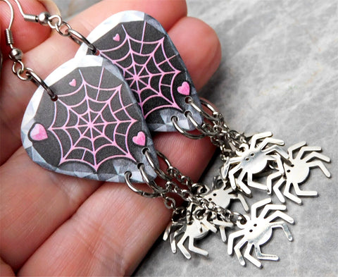 Spiderweb Guitar Pick Earrings with Stainless Steel Spider Charm Dangles