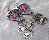 Spiderweb Guitar Pick Earrings with Stainless Steel Spider Charm Dangles