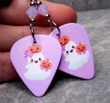 Ghost with Jack o Lanterns Guitar Pick Earrings with Lavender Opal Swarovski Crystals