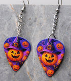 Jack o' Lantern with Witch or Wizard Hat Dangling Guitar Pick Earrings