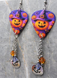 Jack o' Lantern with Witch or Wizard Hat Guitar Pick Earrings with Stainless Steel Jack o Lantern Charm and Swarovski Crystals