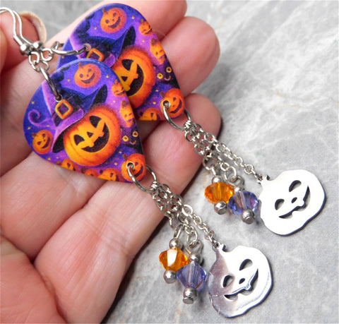 Jack o' Lantern with Witch or Wizard Hat Guitar Pick Earrings with Stainless Steel Jack o Lantern Charm and Swarovski Crystals