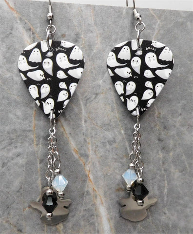 Ghosts That Say Boo Guitar Pick Earrings with Ghost Stainless Steel Charms and Swarovski Crystal Dangles