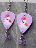 Ghost with Jack o Lanterns Guitar Pick Earrings with Violet Swarovski Crystal Dangles