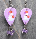 Ghost with Jack o Lanterns Guitar Pick Earrings with Violet Swarovski Crystal Dangles